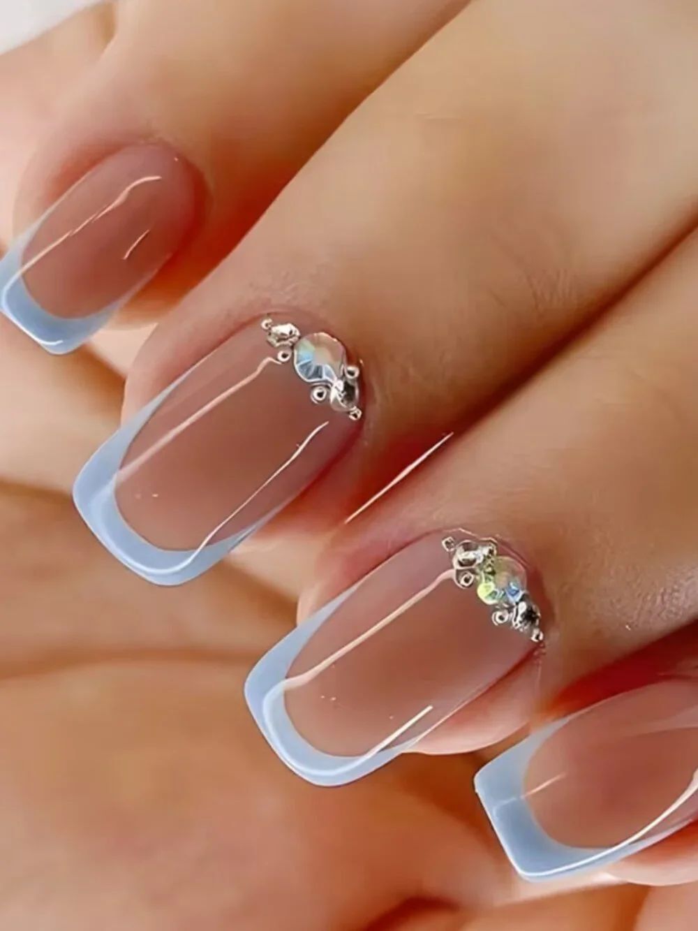 NWT 24pc Light Blue French Tip Press On Nails Square Rhinestone Fake Nail Kit